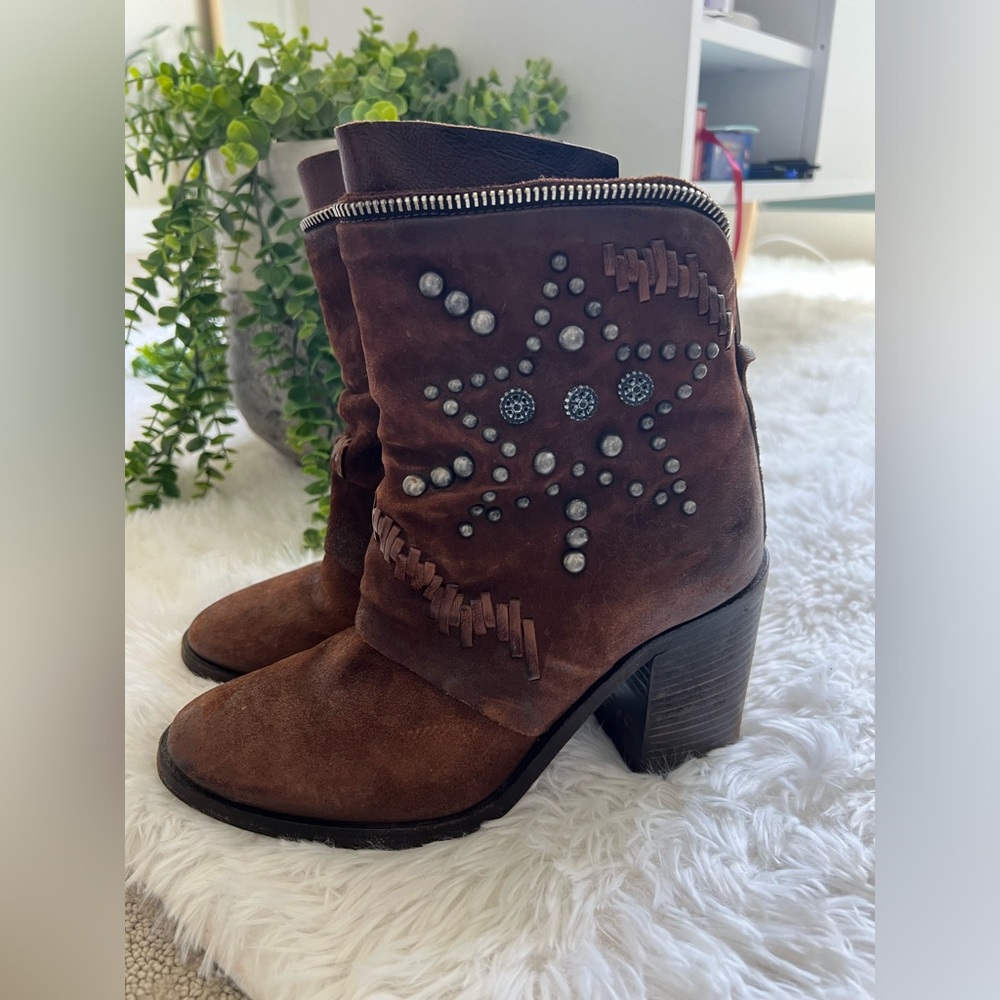 A.S.98 Brown Leather & Suede Booties | Silver Embellishments | Size 6.5 - 7